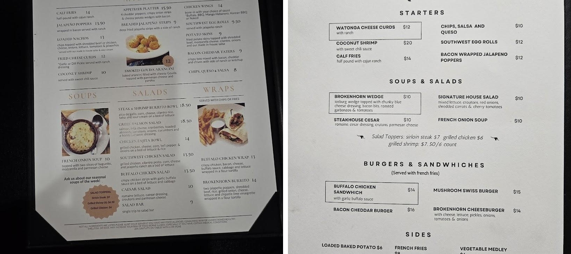 Brokenhorn Steakhouse Menu